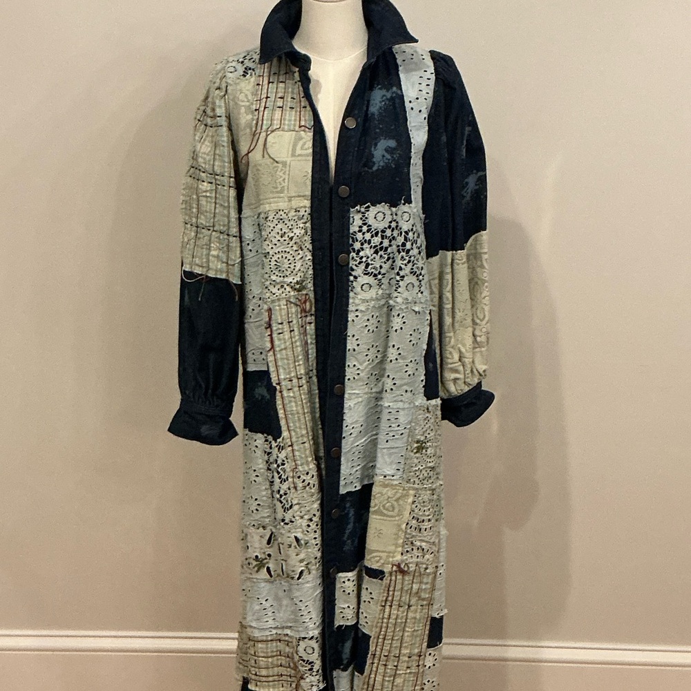 Patchwork Denim Long Coat With Button Front For A… - image 1